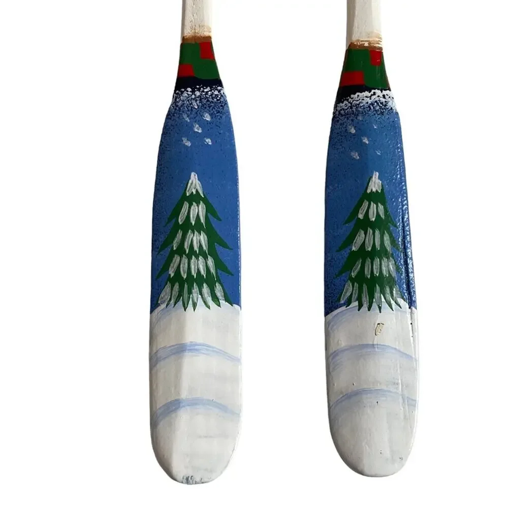 Vintage Wooden Canoe Oar Paddle Christmas Ornament Hand Painted Tree Pair Cabin